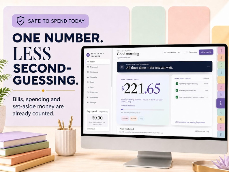Peut inclure: Un &eacute;cran d'ordinateur affichant une interface de logiciel de budget et de planification avec le texte 'SAFE TO SPEND TODAY', 'ONE NUMBER. LESS SECOND-GUESSING.' et 'Bills, spending and set-aside money are already counted.' L'&eacute;cran affiche un solde de 221,65 $.