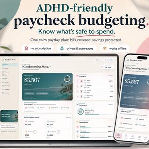 May include: A laptop and a smartphone displaying the Paycheck Peace budgeting application. The screen shows financial data, including a $3,567 balance, with text reading ADHD-friendly paycheck budgeting. Know what's safe to spend.