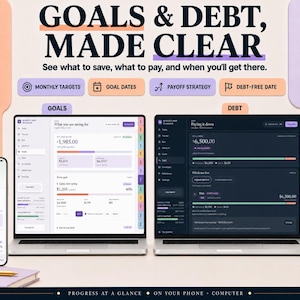 Peut inclure: Un planificateur financier num&eacute;rique affich&eacute; sur deux ordinateurs portables et deux smartphones. L'interface pr&eacute;sente des sections pour les objectifs et les dettes, avec le texte GOALS & DEBT, MADE CLEAR, See what to save, what to pay, and when you'll get there.