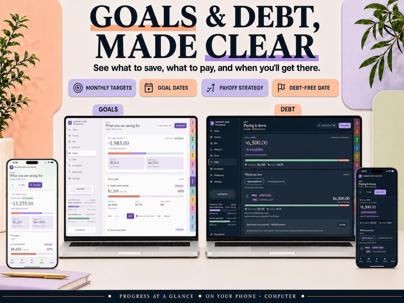 Peut inclure: Un planificateur financier num&eacute;rique affich&eacute; sur deux ordinateurs portables et deux smartphones. L'interface pr&eacute;sente des sections pour les objectifs et les dettes, avec le texte GOALS & DEBT, MADE CLEAR, See what to save, what to pay, and when you'll get there.