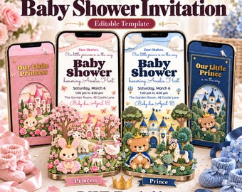 Princess Baby Shower Invitation, Prince Baby Shower Invite, Animated Royal Storybook Digital Evite with RSVP, Registry, Baby Guessing Game