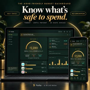 May include: A digital budget dashboard displayed on a laptop and smartphone screen with a dark green interface. Text reads: The ADHD-Friendly Budget Dashboard, Know what's safe to spend, Today, Until Payday, 45 Days Ahead, Buy Once, No Subscription.