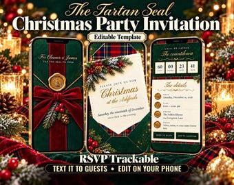 May include: Three smartphones display a digital Christmas party invitation template featuring a dark green background, red velvet ribbon, gold wax seal, and tartan patterns. The screens show text including The Tartan Seal, Christmas at the Ashfords, and countdown details.