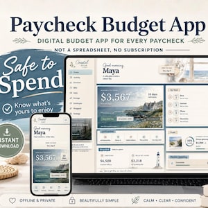 Op de afbeelding: Een digitale budget-app weergegeven op een laptopscherm en een smartphone. De interface bevat de tekst Paycheck Budget App, Safe to Spend en Coastal Calm. Het dashboard toont financiële gegevens, waaronder een saldo van $3.567, rekeningen en doelen.