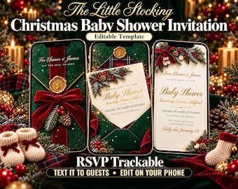 May include: Three smartphones displaying a Christmas-themed baby shower invitation template. The screens feature deep green backgrounds, red velvet bows, gold wax seals, and festive pine and berry accents. Text includes "Baby Shower" and "Eleanor & James."