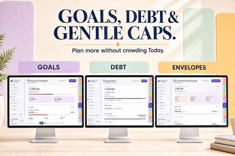 Peut inclure: Trois &eacute;crans d'ordinateur affichant une interface de planificateur budg&eacute;taire num&eacute;rique avec des sections intitul&eacute;es GOALS, DEBT et ENVELOPES. Le texte GOALS, DEBT & GENTLE CAPS. Plan more without crowding Today. figure en haut des &eacute;crans.