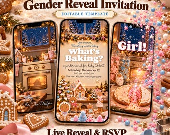 What's Baking Gender Reveal Invitation, Gingerbread Christmas Gender Reveal, Animated Evite, Live Reveal, Pink or Blue Vote, RSVP Website