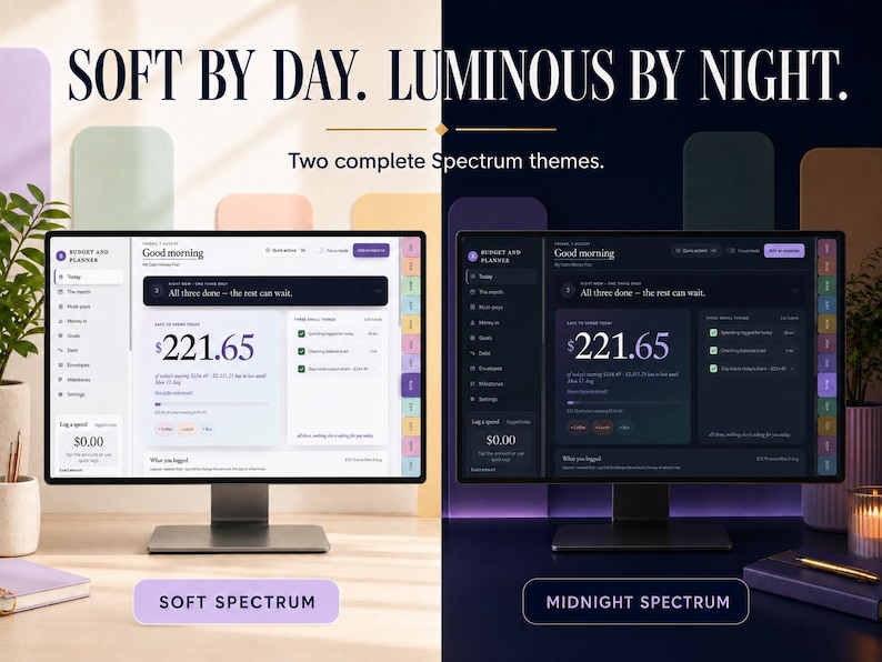 Peut inclure: Deux &eacute;crans d'ordinateur affichant une interface de planificateur budg&eacute;taire num&eacute;rique. L'&eacute;cran de gauche pr&eacute;sente une interface claire nomm&eacute;e Soft Spectrum, et celui de droite une interface sombre nomm&eacute;e Midnight Spectrum. Texte : Soft by day. Luminous by night. Two complete Spectrum themes.