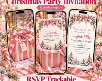 May include: Three smartphones display a digital Christmas party invitation template featuring pink and white candy stripes, bows, and snowy pine trees. The text reads The Candy Stripe in Pink Peppermint Christmas Party Invitation.