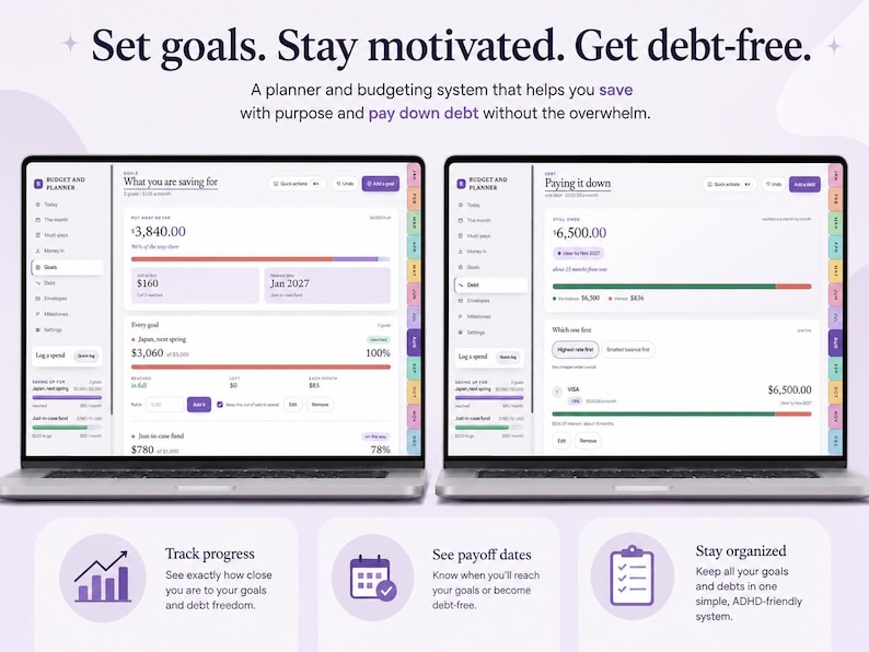 Peut inclure: Deux ordinateurs portables affichant un syst&egrave;me num&eacute;rique de budget et de planification. Les &eacute;crans pr&eacute;sentent des tableaux de bord financiers avec le texte Set goals. Stay motivated. Get debt-free., What you are saving for et Paying it down.