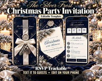 May include: Three smartphones display a digital Christmas party invitation template with a navy blue and white color scheme, featuring a wax seal, a white ribbon bow, pine branches, and text details for a holiday event on December 19.