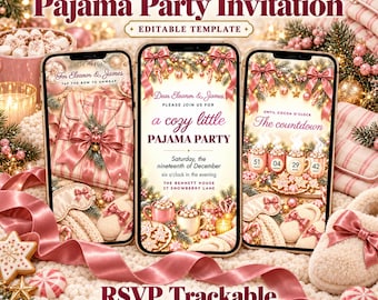 Pink Pajama Party Invitation, Animated Christmas PJ Party Invite with RSVP, Secret Santa, Hot Cocoa Girls Night, Blush Holiday Evite
