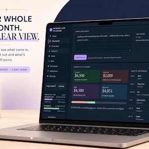 Peut inclure: Un ordinateur portable affichant une interface num&eacute;rique de budget et de planification sur fond sombre. L'&eacute;cran pr&eacute;sente des cat&eacute;gories financi&egrave;res, des notes et des onglets mensuels. Le texte indique : YOUR WHOLE MONTH. ONE CLEAR VIEW. Keep notes, see what came in, what went out and what's still yours.