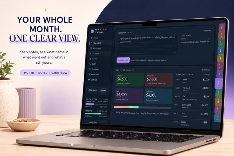 Peut inclure: Un ordinateur portable affichant une interface num&eacute;rique de budget et de planification sur fond sombre. L'&eacute;cran pr&eacute;sente des cat&eacute;gories financi&egrave;res, des notes et des onglets mensuels. Le texte indique : YOUR WHOLE MONTH. ONE CLEAR VIEW. Keep notes, see what came in, what went out and what's still yours.