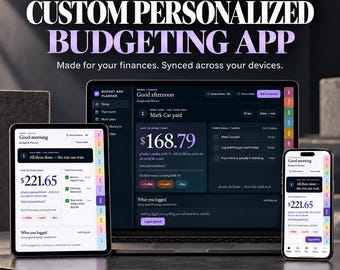 May include: A digital budgeting app interface displayed on a laptop, tablet, and smartphone. The screens show financial planning tools, including a safe-to-spend balance, daily tasks, and expense logging features with text reading Built Around Your Life.