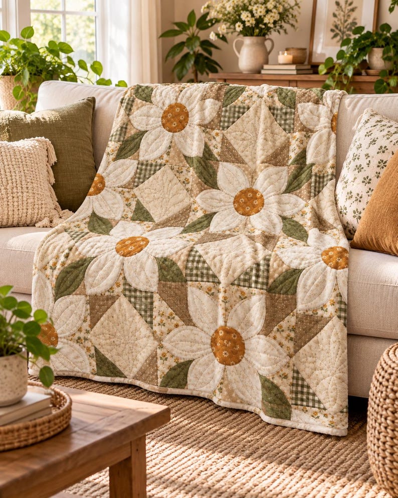 Vintage Daisy Floral Velveteen Throw, Cottagecore Patchwork Blanket (30"x40") Bild 7