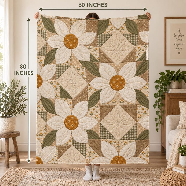Vintage Daisy Floral Velveteen Throw, Cottagecore Patchwork Blanket (30"x40") Bild 4