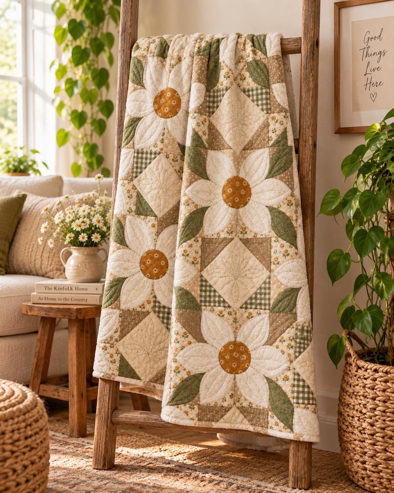 Vintage Daisy Floral Velveteen Throw, Cottagecore Patchwork Blanket (30"x40") Bild 6