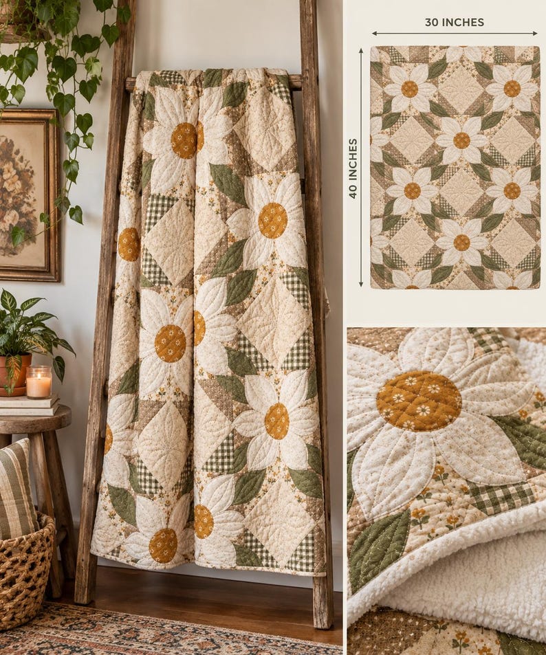 Vintage Daisy Floral Velveteen Throw, Cottagecore Patchwork Blanket (30"x40") Bild 5