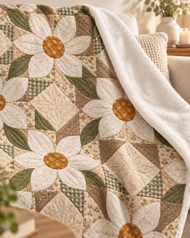 Vintage Daisy Floral Velveteen Throw, Cottagecore Patchwork Blanket (30"x40") Bild 2