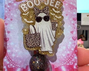 Handmade Glitter Acrylic Badge Reel Halloween ghost boo-Jee