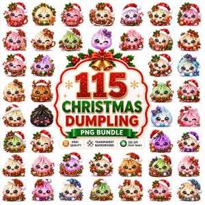 Puede incluir: Una colección digital de 115 ilustraciones de dumplings navideños con varios personajes de dibujos animados de ojos grandes, que llevan gorros de Papá Noel y están rodeados de decoraciones festivas como coronas y regalos.