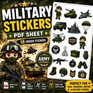 May include: A digital sheet of 18 military-themed stickers featuring illustrations of soldiers, tanks, fighter jets, helicopters, warships, parachutes, weapons, and gear. The text reads MILITARY STICKERS PDF SHEET, ARMY STRONG, and MISSION READY.