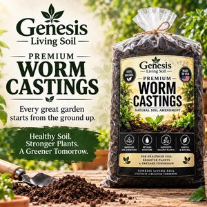 May include: A clear plastic bag of Genesis Living Soil Premium Worm Castings, a natural soil amendment. The label features the brand name, product title, and text including 'Every great garden starts from the ground up' and 'Healthy Soil. Stronger Plants.'