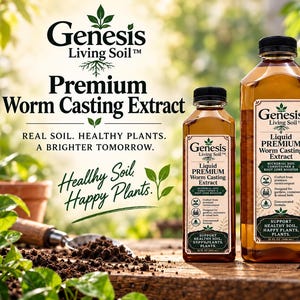 May include: Two clear plastic bottles of Genesis Living Soil Premium Worm Casting Extract with black caps. The labels feature the text Genesis Living Soil, Liquid Premium Worm Casting Extract, and the slogan Real Soil. Healthy Plants. A Brighter Tomorrow.