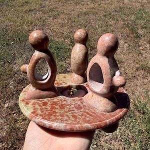 Vintage Hand Carved Soapstone Family Oil Burner, Red Pink Mottled Stone Circle of Friends Sculpture, India Unity Figurine Fragrance Warmer