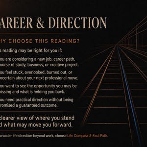 May include: A black informational card titled CAREER & DIRECTION with white and copper text. It lists reasons to choose this reading, including considering a new job or feeling stuck, and features a graphic of converging lines on the right side.