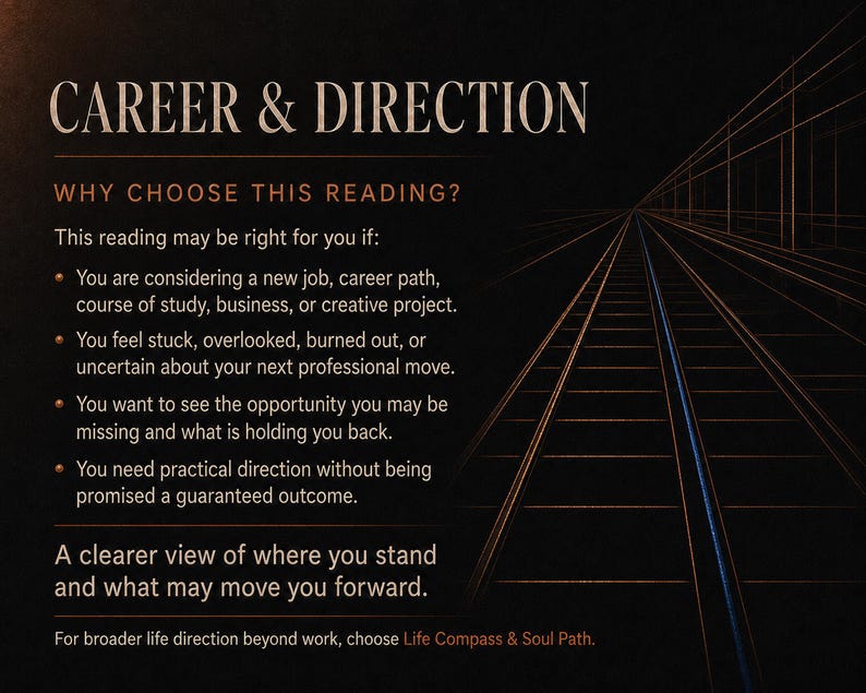 May include: A black informational card titled CAREER & DIRECTION with white and copper text. It lists reasons to choose this reading, including considering a new job or feeling stuck, and features a graphic of converging lines on the right side.