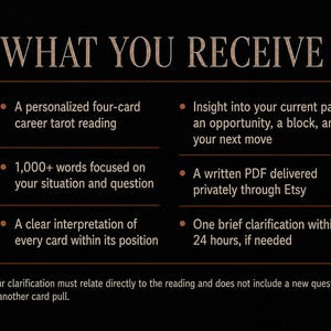 May include: A black graphic with the white text WHAT YOU RECEIVE. It lists details for a career tarot reading: a four-card reading, 1,000+ words, card interpretation, path insights, a PDF delivery, and one brief clarification within 24 hours.