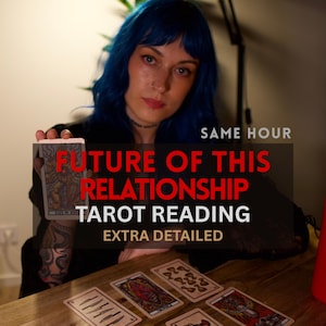 May include: A tarot card reading service featuring the text SAME HOUR FUTURE OF THIS RELATIONSHIP TAROT READING EXTRA DETAILED. The image displays a person holding a tarot card with several other tarot cards laid out on a wooden surface.