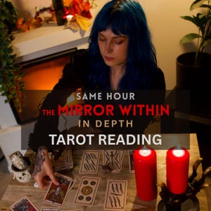 May include: A tarot reading session featuring a spread of illustrated cards on a wooden surface, accompanied by two tall red pillar candles and a small ceramic vessel. The text overlay reads: SAME HOUR THE MIRROR WITHIN IN DEPTH TAROT READING.