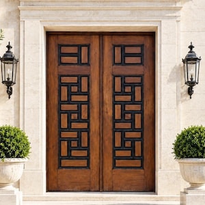 Geometric Front Door, Wood Entry Doors with Black Art Deco Pattern, Custom Size Door