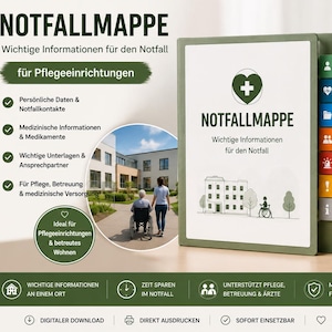 Może przedstawiać: Zielony segregator na informacje awaryjne z napisem NOTFALLMAPPE, białą okładką, ikoną medycznego krzyża w kształcie serca oraz okrągłym wstawką przedstawiającą osobę na wózku inwalidzkim. Segregator posiada kolorowe zakładki boczne i tekst.