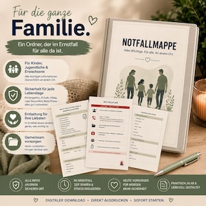以下が含まれることがあります： NOTFALLMAPPEというタイトルの家族のイラストが描かれたライトグレーの緊急用バインダー。3枚の印刷された情報シートとライトグリーンのペンが添えられています。シートには個人データ、緊急計画、連絡先を記入するセクションが含まれています。