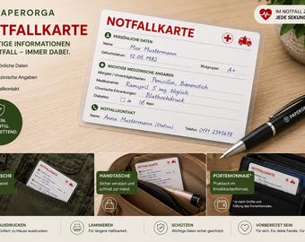 Printable emergency card | Emergency card for wallet, jacket pocket & handbag | Emergency ID card with important medical information | PDF