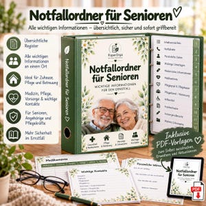 Könnte beinhalten: Ein grüner Notfallordner für Senioren mit dem Titel Notfallordner für Senioren, einem Foto eines älteren Paares, floralen Akzenten und zwölf nummerierten Registerkarten. Enthält gedruckte Formulare für Medikamente und Kontakte sowie eine PDF-Version.