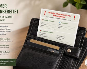 Printable emergency card for your wallet | Emergency ID card for ambulance services | Medical emergency data | DIN A4 PDF