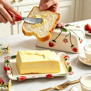 May include: A ceramic butter dish with a rectangular base and a lid, both decorated with painted red strawberries, green leaves, and small pink flowers. A matching butter knife with a strawberry-patterned handle is spreading butter on bread.