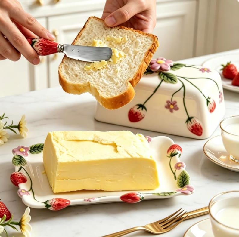 May include: A ceramic butter dish with a rectangular base and a lid, both decorated with painted red strawberries, green leaves, and small pink flowers. A matching butter knife with a strawberry-patterned handle is spreading butter on bread.