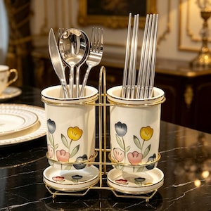 May include: A dual-cylinder ceramic utensil holder set with a gold-toned metal frame. Each white cylinder features painted floral motifs in yellow, pink, and blue. The holder contains stainless steel cutlery, including a knife, spoon, fork, and chopsticks.