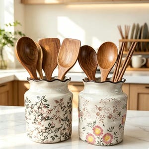 May include: Two ceramic utensil crocks with scalloped rims and floral patterns, one featuring delicate vines and the other larger pink flowers. Each crock holds an assortment of wooden kitchen tools, including spoons, spatulas, and chopsticks.