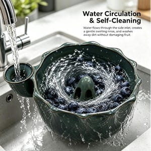 May include: A dark green ceramic fruit washing bowl with a side inlet for water, featuring a central drainage cone. The text reads: Water Circulation & Self-Cleaning. Water flows through the side inlet, creates a gentle swirling rinse, and washes away dirt without damaging fruit.