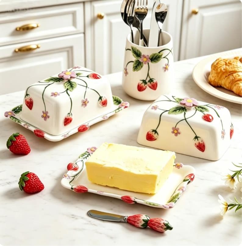 May include: Two white ceramic butter dishes with lids, each featuring a hand-painted strawberry and flower vine pattern and a sculpted strawberry knob. Includes a matching utensil holder with cutlery, a butter knife with a strawberry handle, and fresh strawberries.