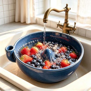 Könnte beinhalten: Eine tiefblaue Beeren-Seiher-Schüssel aus Keramik mit einem zentralen Kegel und seitlichem Griff, gefüllt mit frischen roten Erdbeeren und dunklen Blaubeeren, die unter einem Wasserstrahl aus einem messingfarbenen Vintage-Küchenhahn abgespült werden.