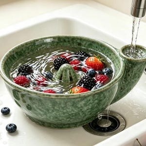 Könnte beinhalten: Ein beerenfarbenes, salbeigrünes Keramiksieb mit gesprenkelter Oberfläche und einem zentralen Kegel, gefüllt mit Wasser und frischen Beeren wie Erdbeeren, Brombeeren, Himbeeren und Blaubeeren, platziert unter einem laufenden Wasserhahn.