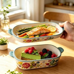Könnte beinhalten: Zwei ovale Keramik-Auflaufformen mit hellblauen Griffen und einem bunten Blumenmuster am äußeren Rand. Die obere Form enthält ein gegartes Lachsfilet mit Spargel und Zitrone, die untere Form ein Stück grünen Kuchen mit Beeren.